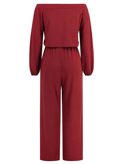 Pantsuits- Casual Autumn Ribbed Off-Shoulder TIe-Waist Jumpsuit - Pantsuit- - IndioGear Clothing and Gear