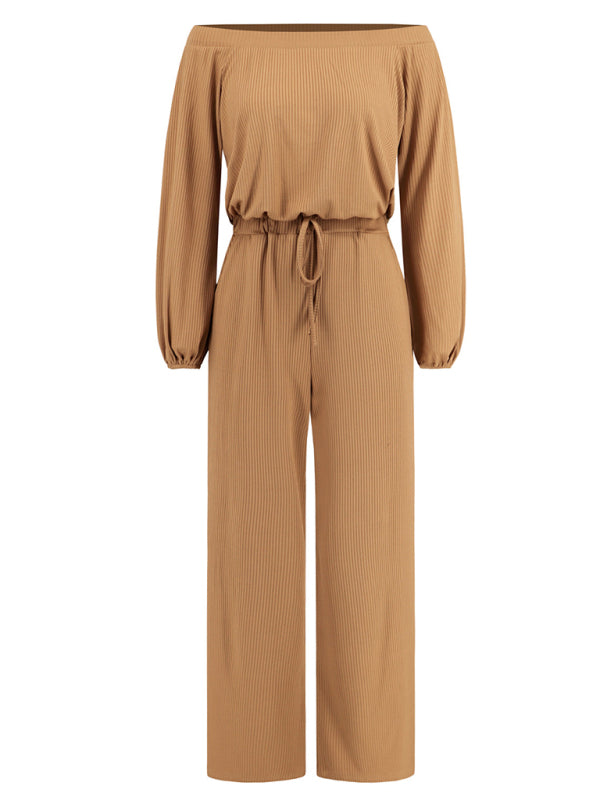 Pantsuits- Casual Autumn Ribbed Off-Shoulder TIe-Waist Jumpsuit - Pantsuit- - IndioGear Clothing and Gear