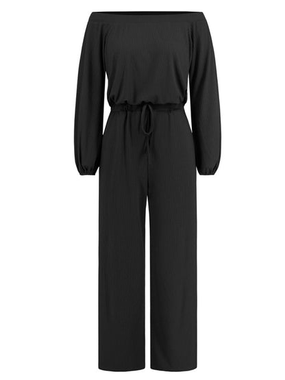 Pantsuits- Casual Autumn Ribbed Off-Shoulder TIe-Waist Jumpsuit - Pantsuit- - IndioGear Clothing and Gear