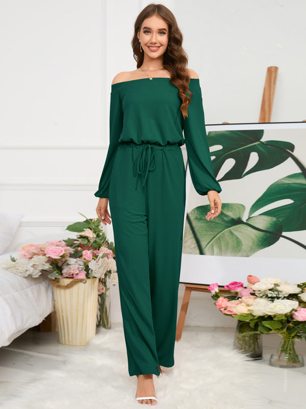 Pantsuits- Casual Autumn Ribbed Off-Shoulder TIe-Waist Jumpsuit - Pantsuit- - IndioGear Clothing and Gear