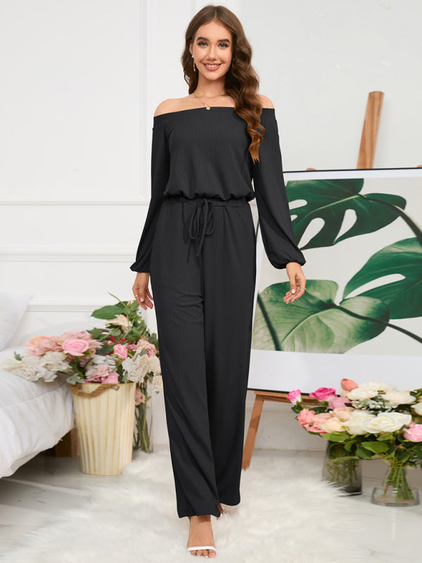 Pantsuits- Casual Autumn Ribbed Off-Shoulder TIe-Waist Jumpsuit - Pantsuit- Black- IndioGear Clothing and Gear