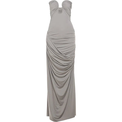 Party Dresses- Classy Cocktail Strapless Plunge Ruched Maxi Dress in a Draped Design- - IndioGear Fashion and Gear