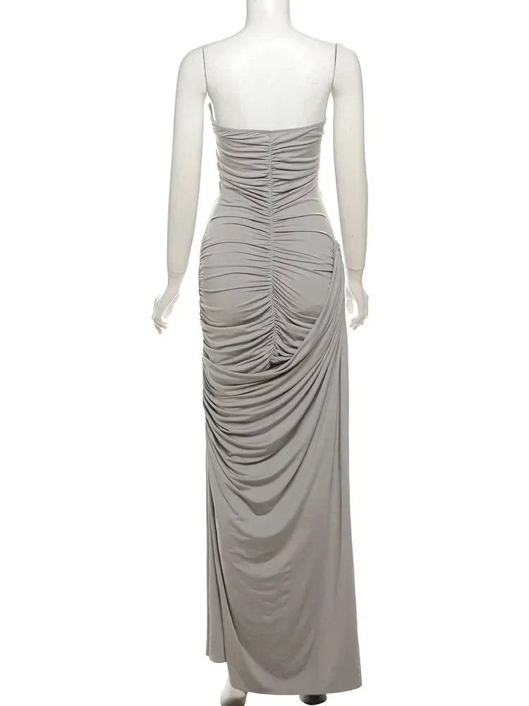 Party Dresses- Classy Cocktail Strapless Plunge Ruched Maxi Dress in a Draped Design- - IndioGear Fashion and Gear