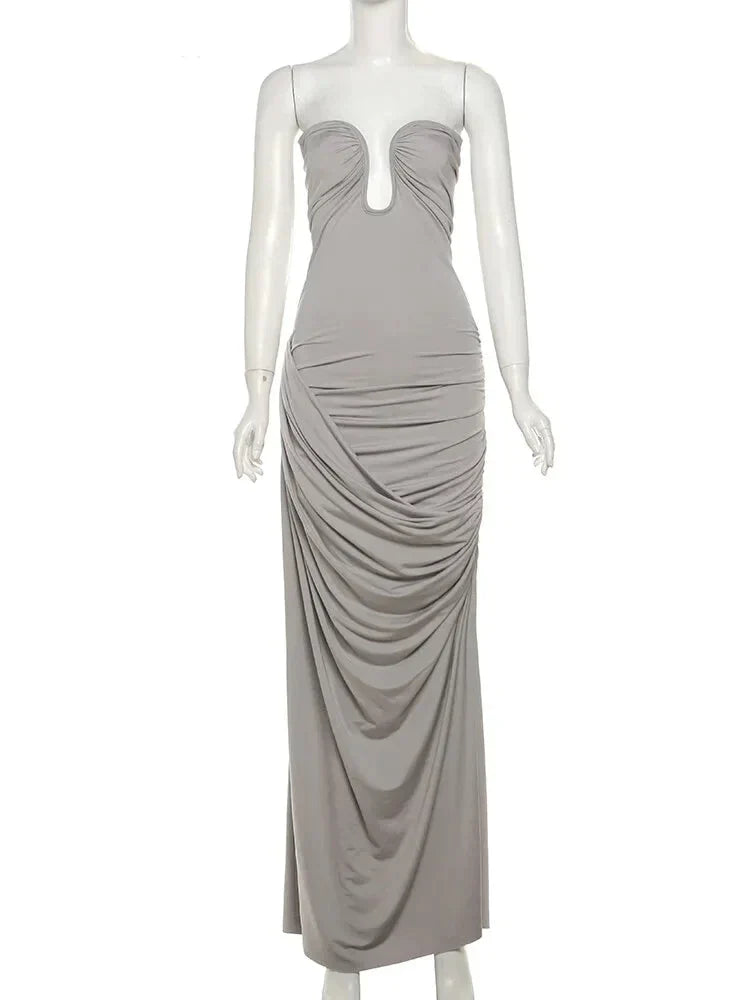 Party Dresses- Classy Cocktail Strapless Plunge Ruched Maxi Dress in a Draped Design- GRAY- IndioGear Fashion and Gear