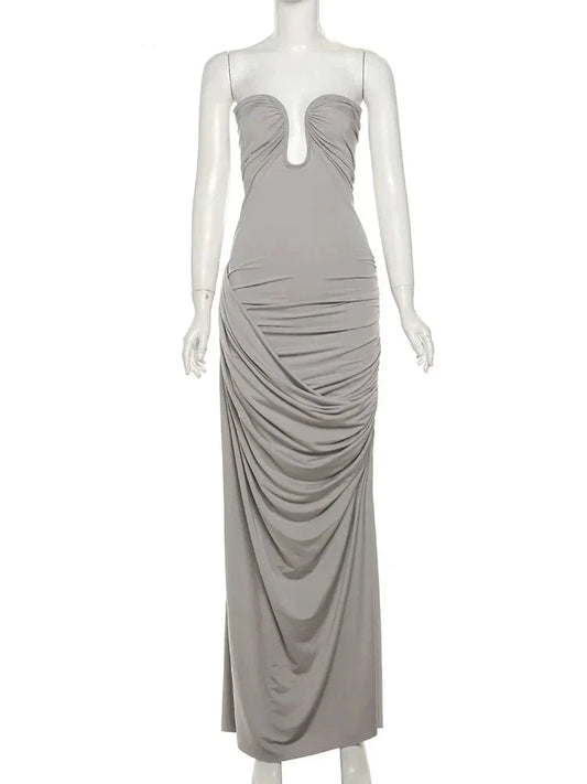 Party Dresses- Classy Cocktail Strapless Plunge Ruched Maxi Dress in a Draped Design- GRAY- IndioGear Fashion and Gear