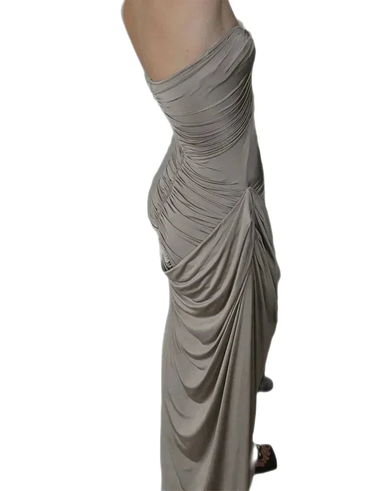 Party Dresses- Classy Cocktail Strapless Plunge Ruched Maxi Dress in a Draped Design- - IndioGear Fashion and Gear