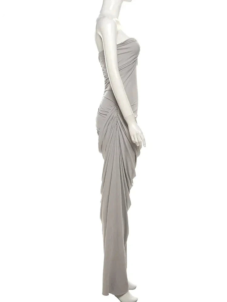 Party Dresses- Classy Cocktail Strapless Plunge Ruched Maxi Dress in a Draped Design- - IndioGear Fashion and Gear