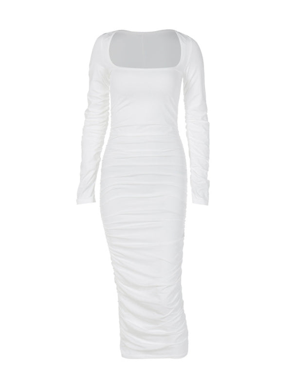 Party Dresses- Cocktail Events Ruched Square Neck Bandage Midi Dress- - IndioGear Fashion and Gear