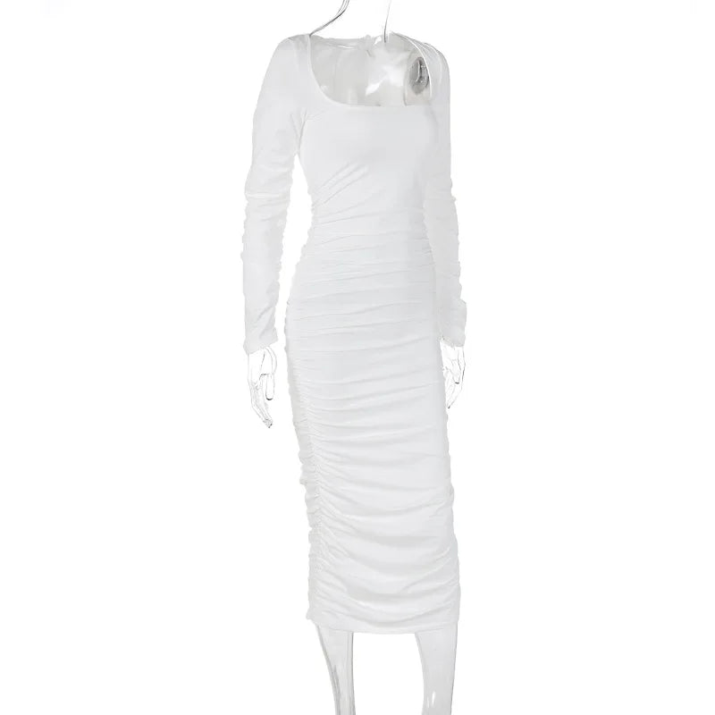 Party Dresses- Cocktail Events Ruched Square Neck Bandage Midi Dress- - IndioGear Fashion and Gear