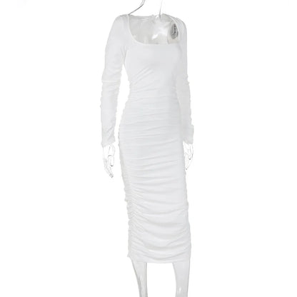 Party Dresses- Cocktail Events Ruched Square Neck Bandage Midi Dress- - IndioGear Fashion and Gear