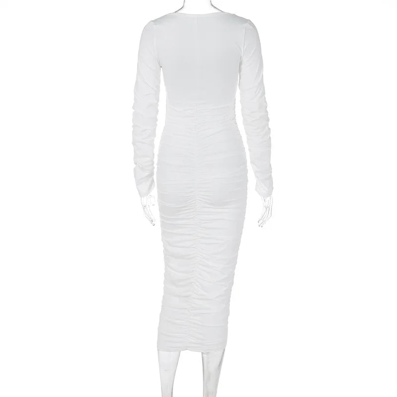 Party Dresses- Cocktail Events Ruched Square Neck Bandage Midi Dress- - IndioGear Fashion and Gear