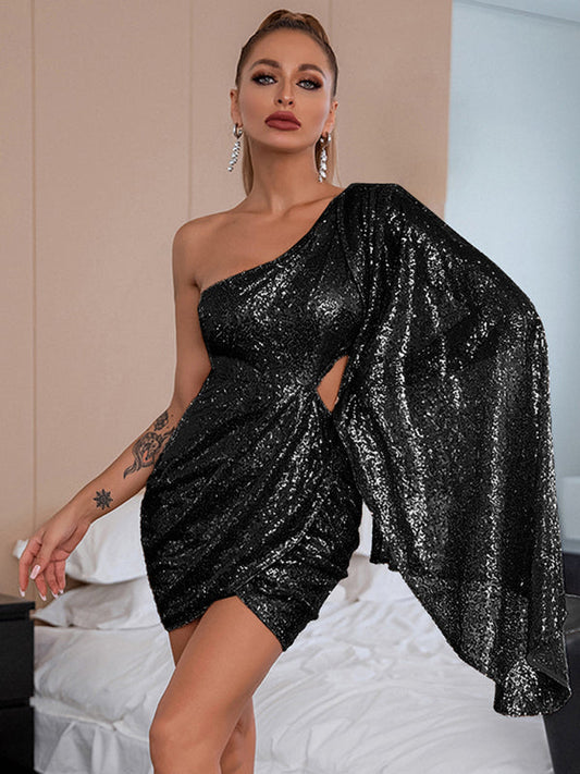 Party Dresses- Cocktail Sparkling Mini Dress with Cape Sleeve- Black- IndioGear Clothing and Gear