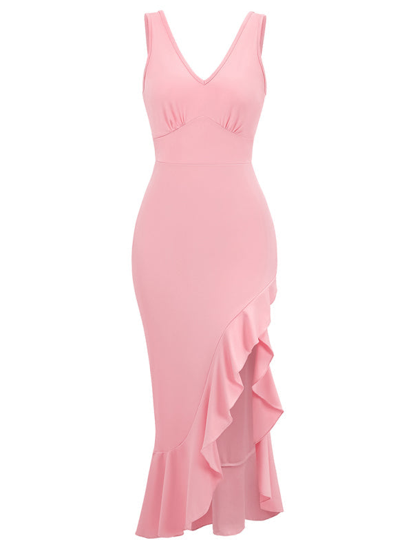 Party Dresses- Elegant Bridesmaid Cocktail Midi Dress with Ruffle Accents- - IndioGear Fashion and Gear