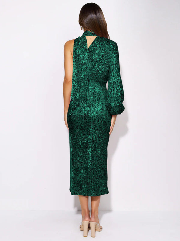 Party Dresses- Elegant Cocktail Sparkly Sequin One Shoulder Long Sleeve Scarf Dress- - IndioGear Clothing and Gear