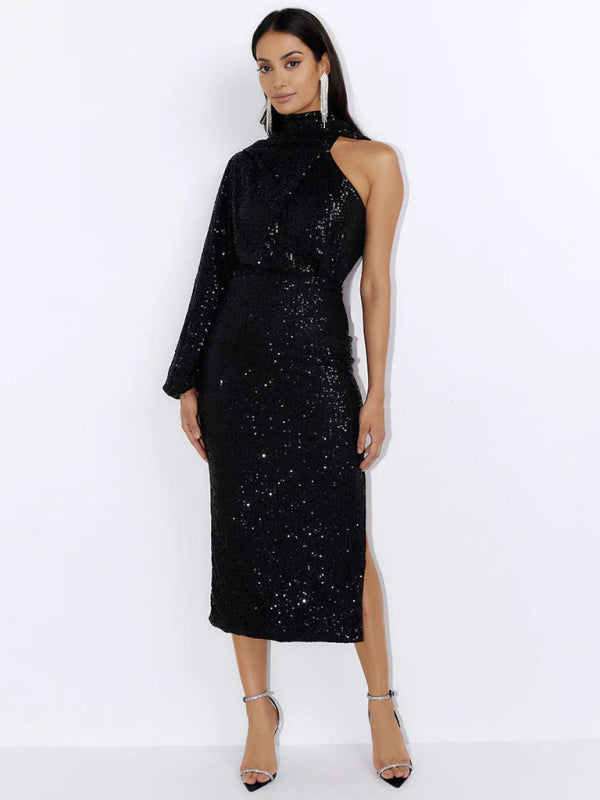 Party Dresses- Elegant Cocktail Sparkly Sequin One Shoulder Long Sleeve Scarf Dress- Black- IndioGear Clothing and Gear