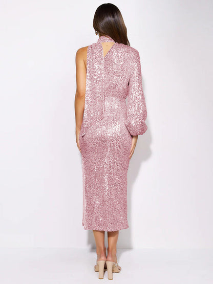 Party Dresses- Elegant Cocktail Sparkly Sequin One Shoulder Long Sleeve Scarf Dress- - IndioGear Clothing and Gear