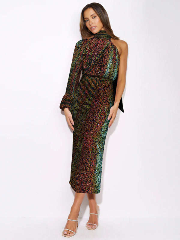 Party Dresses- Elegant Cocktail Sparkly Sequin One Shoulder Long Sleeve Scarf Dress- - IndioGear Clothing and Gear