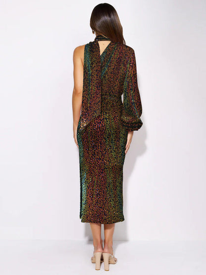 Party Dresses- Elegant Cocktail Sparkly Sequin One Shoulder Long Sleeve Scarf Dress- - IndioGear Clothing and Gear