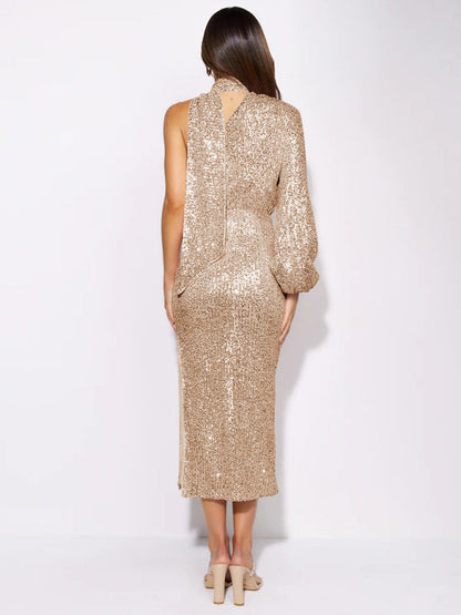 Party Dresses- Elegant Cocktail Sparkly Sequin One Shoulder Long Sleeve Scarf Dress- - IndioGear Clothing and Gear