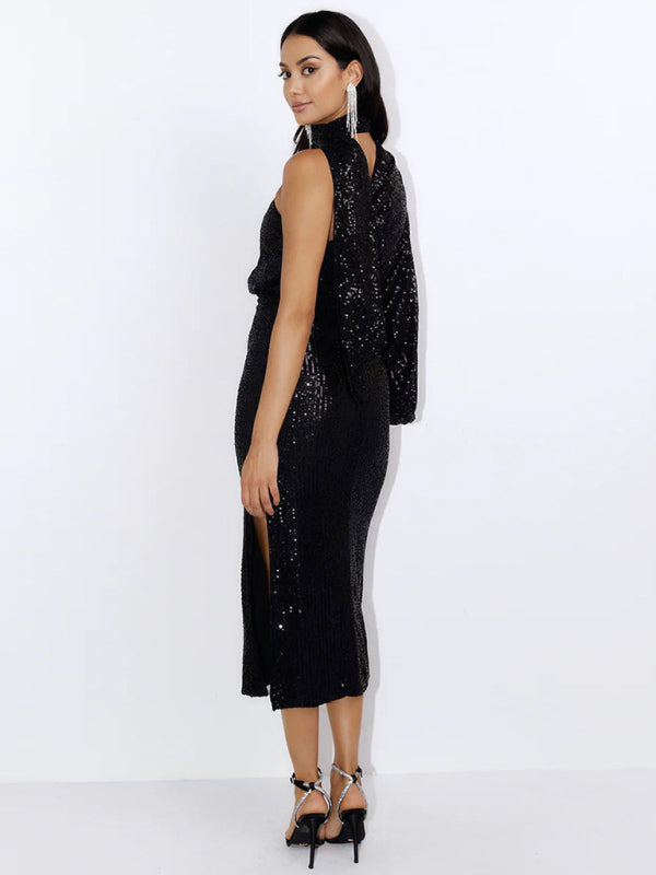 Party Dresses- Elegant Cocktail Sparkly Sequin One Shoulder Long Sleeve Scarf Dress- - IndioGear Clothing and Gear