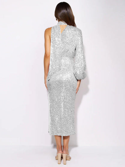 Party Dresses- Elegant Cocktail Sparkly Sequin One Shoulder Long Sleeve Scarf Dress- - IndioGear Clothing and Gear