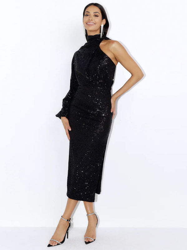 Party Dresses- Elegant Cocktail Sparkly Sequin One Shoulder Long Sleeve Scarf Dress- - IndioGear Clothing and Gear