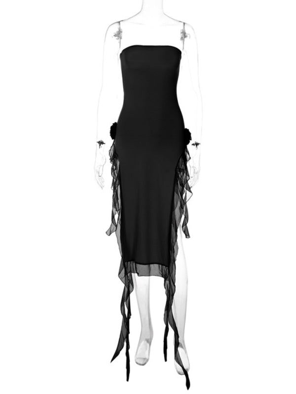 Party Dresses- Elegant Strapless Slits Tube Midi Dress with Mesh Ruffle Accents- - IndioGear Fashion and Gear