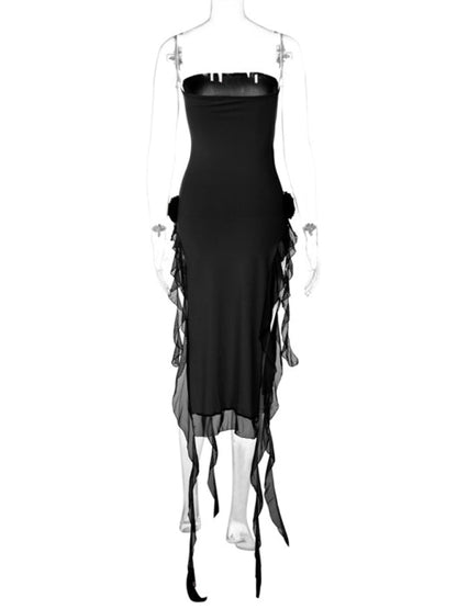 Party Dresses- Elegant Strapless Slits Tube Midi Dress with Mesh Ruffle Accents- - IndioGear Fashion and Gear