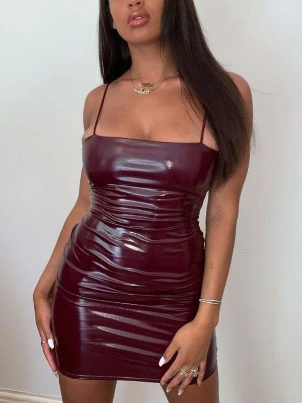 Party Dresses- Faux Leather Bodycon Cami Mini Dress for Nights Out- Wine Red- IndioGear Clothing and Gear