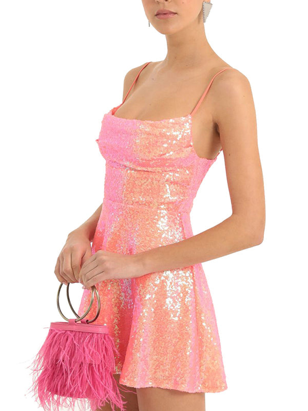 Party Dresses- Glitter Lace-Up Back Sparkly Evening Swing Mini Dress- - IndioGear Clothing and Gear