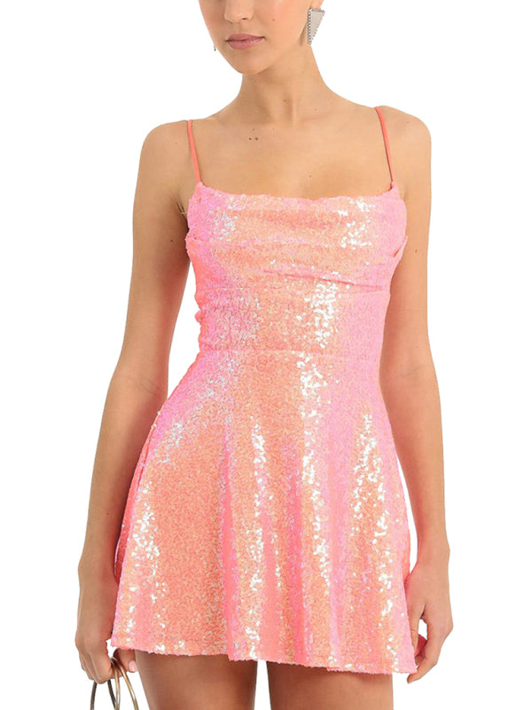 Party Dresses- Glitter Lace-Up Back Sparkly Evening Swing Mini Dress- - IndioGear Clothing and Gear