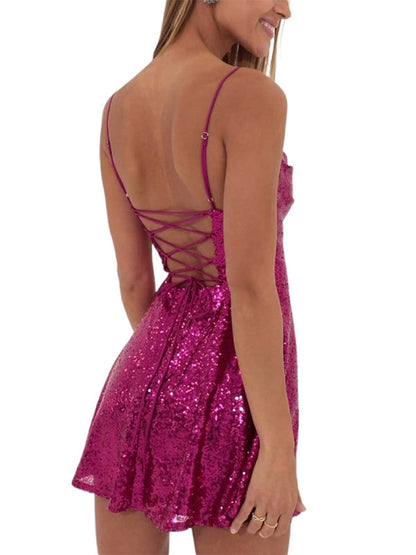 Party Dresses- Glitter Lace-Up Back Sparkly Evening Swing Mini Dress- - IndioGear Clothing and Gear