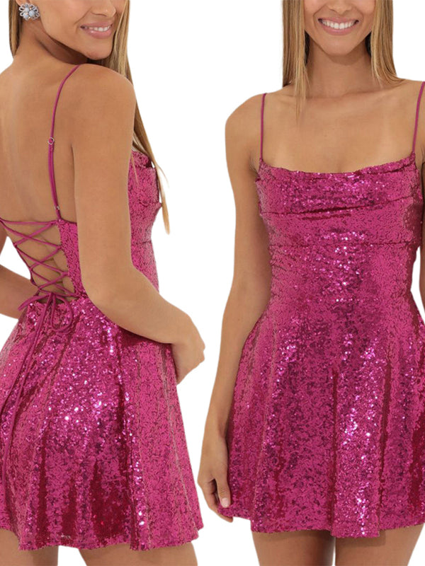 Party Dresses- Glitter Lace-Up Back Sparkly Evening Swing Mini Dress- - IndioGear Clothing and Gear