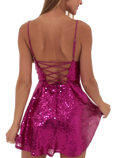 Party Dresses- Glitter Lace-Up Back Sparkly Evening Swing Mini Dress- - IndioGear Clothing and Gear