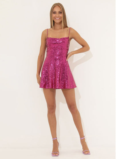 Party Dresses- Glitter Lace-Up Back Sparkly Evening Swing Mini Dress- Rose- IndioGear Clothing and Gear