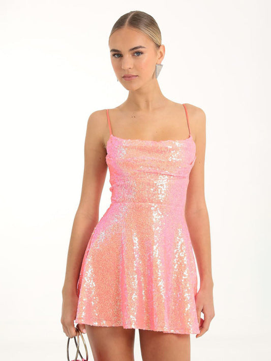 Party Dresses- Glitter Lace-Up Back Sparkly Evening Swing Mini Dress- Pink- IndioGear Clothing and Gear