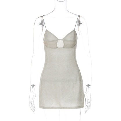 Party Dresses- Glitter Party Cami Cutout Cami Bustier Mini Dress- Beige- IndioGear Clothing and Gear