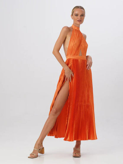 Party Dresses- Halterneck Elegant Satin Plisse Cocktail Midi Dress- Orange- IndioGear Clothing and Gear