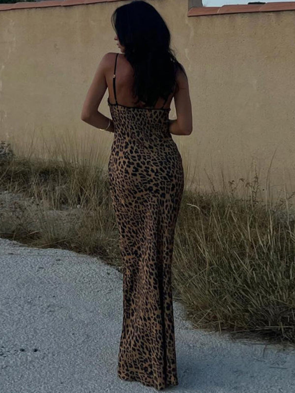 Party Dresses- Leopard Print Sheath Cami Maxi Dress for Party- - IndioGear Fashion and Gear