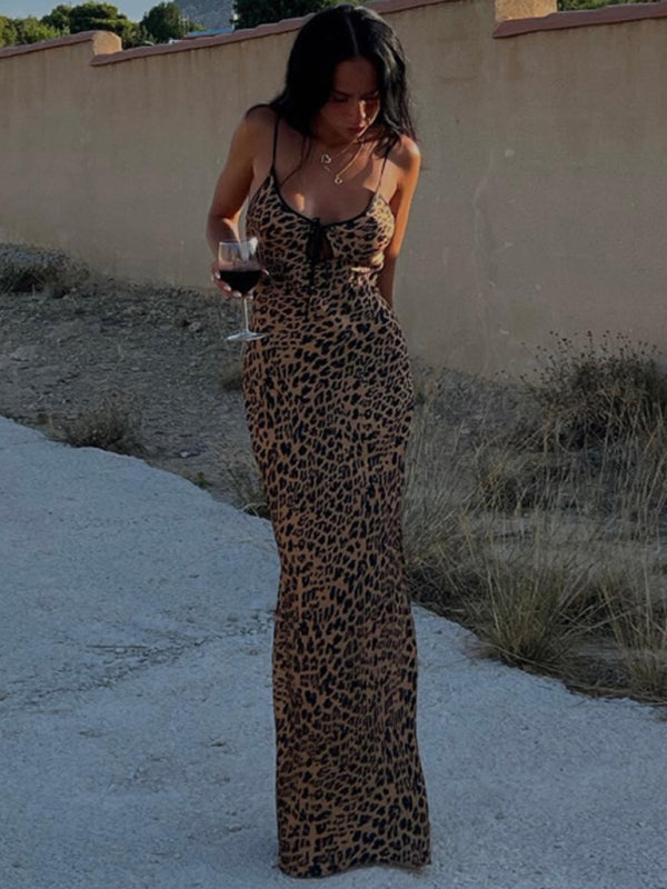 Party Dresses- Leopard Print Sheath Cami Maxi Dress for Party- - IndioGear Fashion and Gear