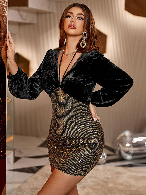 Party Dresses- Night's Sparkle Elegant V-Neck Bodycon Dress with Velvet Sleeves- - IndioGear Clothing and Gear