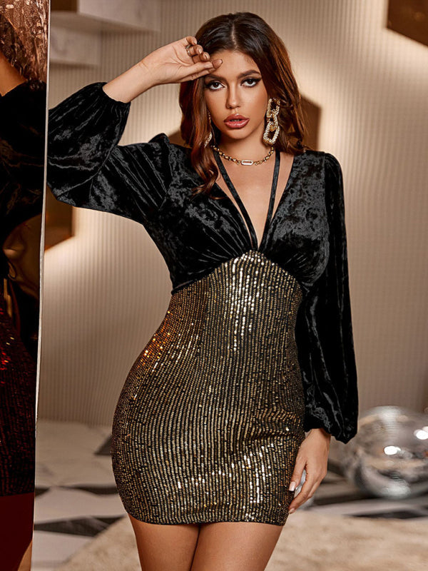 Party Dresses- Night's Sparkle Elegant V-Neck Bodycon Dress with Velvet Sleeves- - IndioGear Clothing and Gear