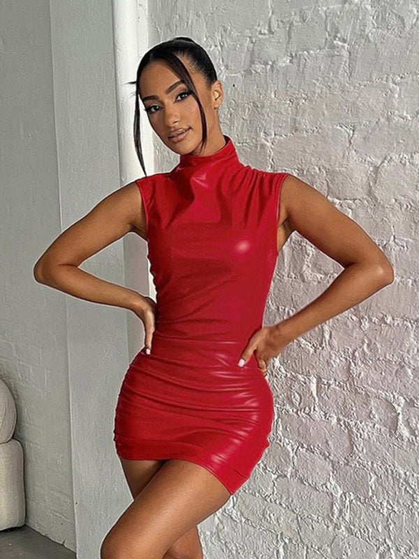 Party Dresses- Nightlife Diva Party Clubbing Faux Leather Bodycon High Neck Mini Dress- - IndioGear Clothing and Gear