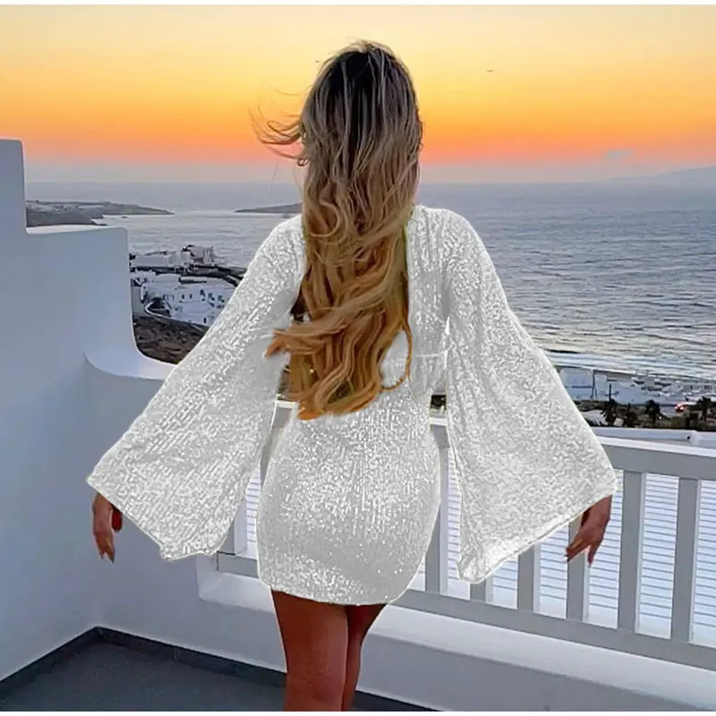 Party Dresses-Sparkle Sequin Mini Dress with Flared Long Sleeves-Pekosa Women Clothing