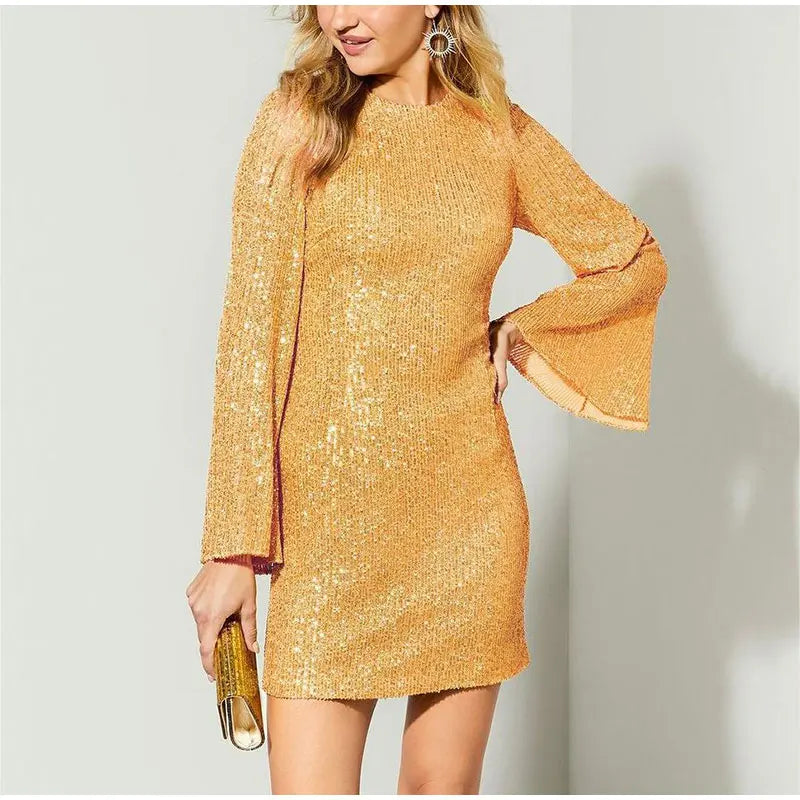 Party Dresses-Sparkle Sequin Mini Dress with Flared Long Sleeves-Pekosa Women Clothing