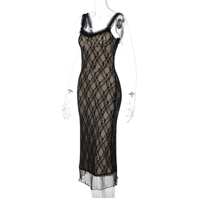 Elegant Bodycon Midi Dress with Mesh Overlay and Frills