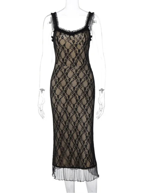 Elegant Bodycon Midi Dress with Mesh Overlay and Frills