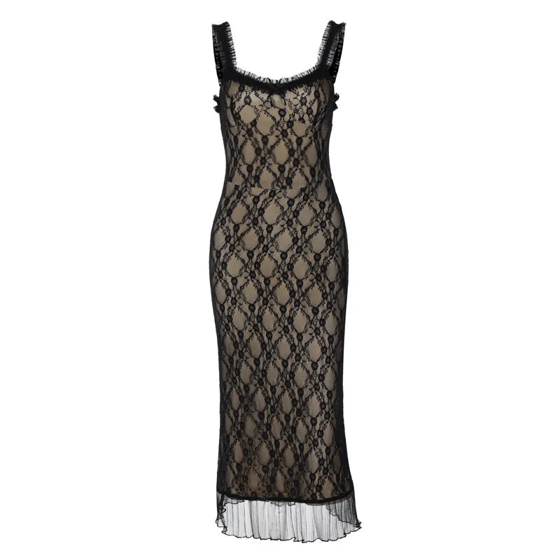 Elegant Bodycon Midi Dress with Mesh Overlay and Frills