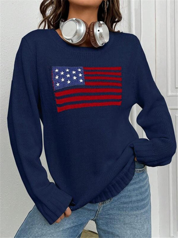 Patriotic Sweater- Patriotic Sweater with American Flag Print- Blue- IndioGear Clothing and Gear