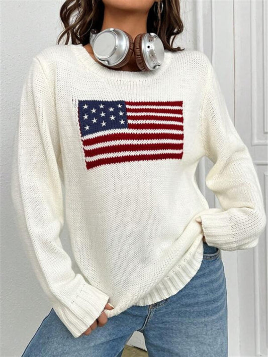 Patriotic Sweater- Patriotic Sweater with American Flag Print- White- IndioGear Clothing and Gear